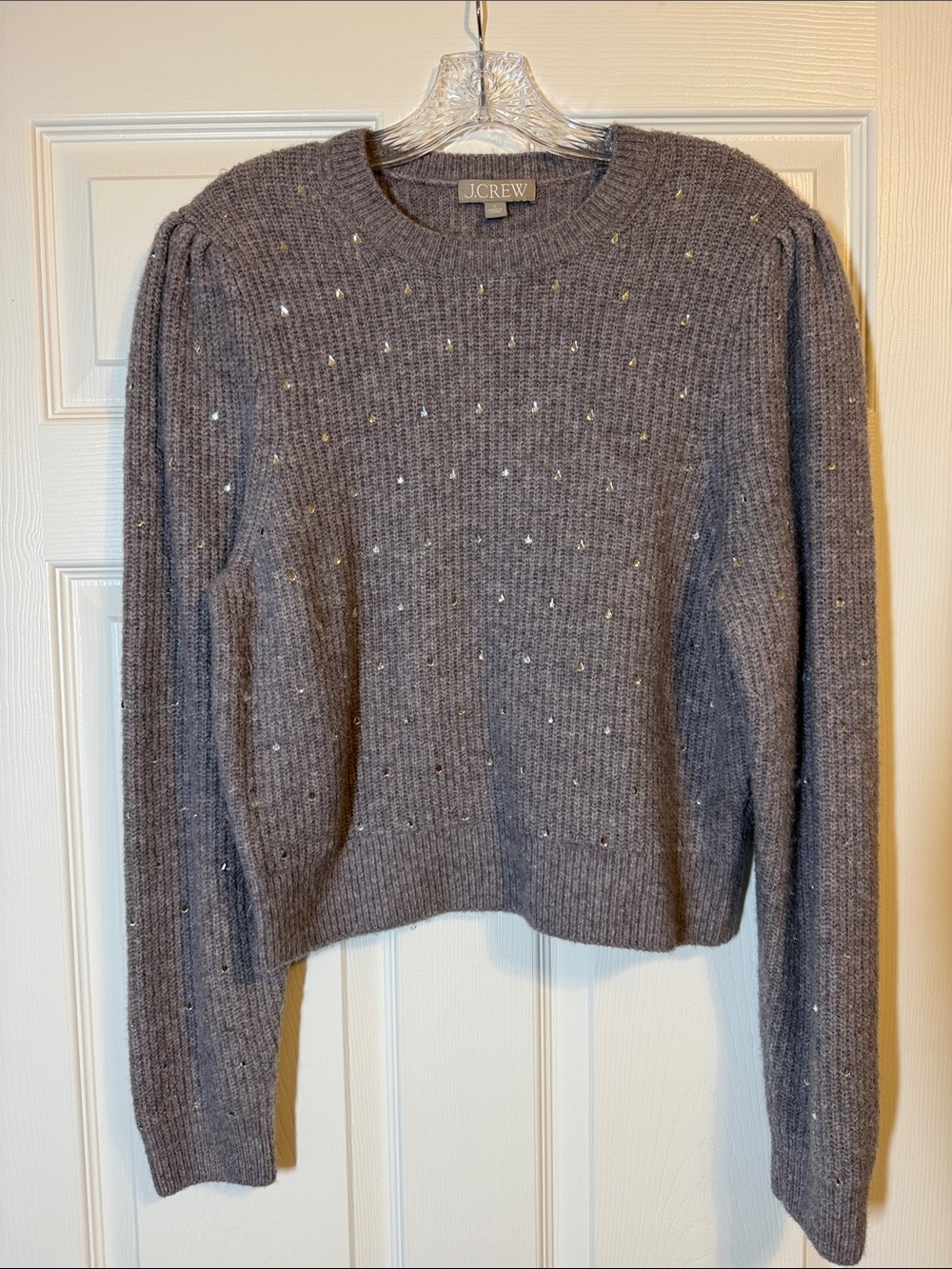 J. Crew Gray Sequin Puff-Sleeve Crewneck Sweater